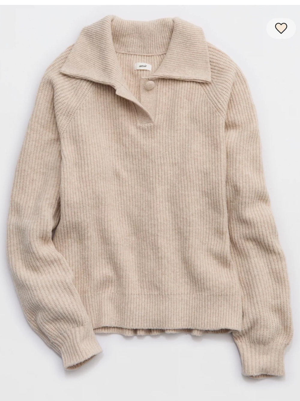 aerie Ribbed Quarter-Button Pullover Sweater - Beige